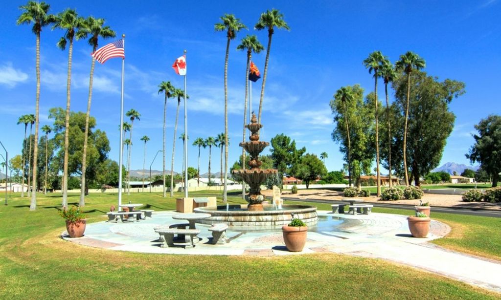 Outdoor Fountain and Seating Area